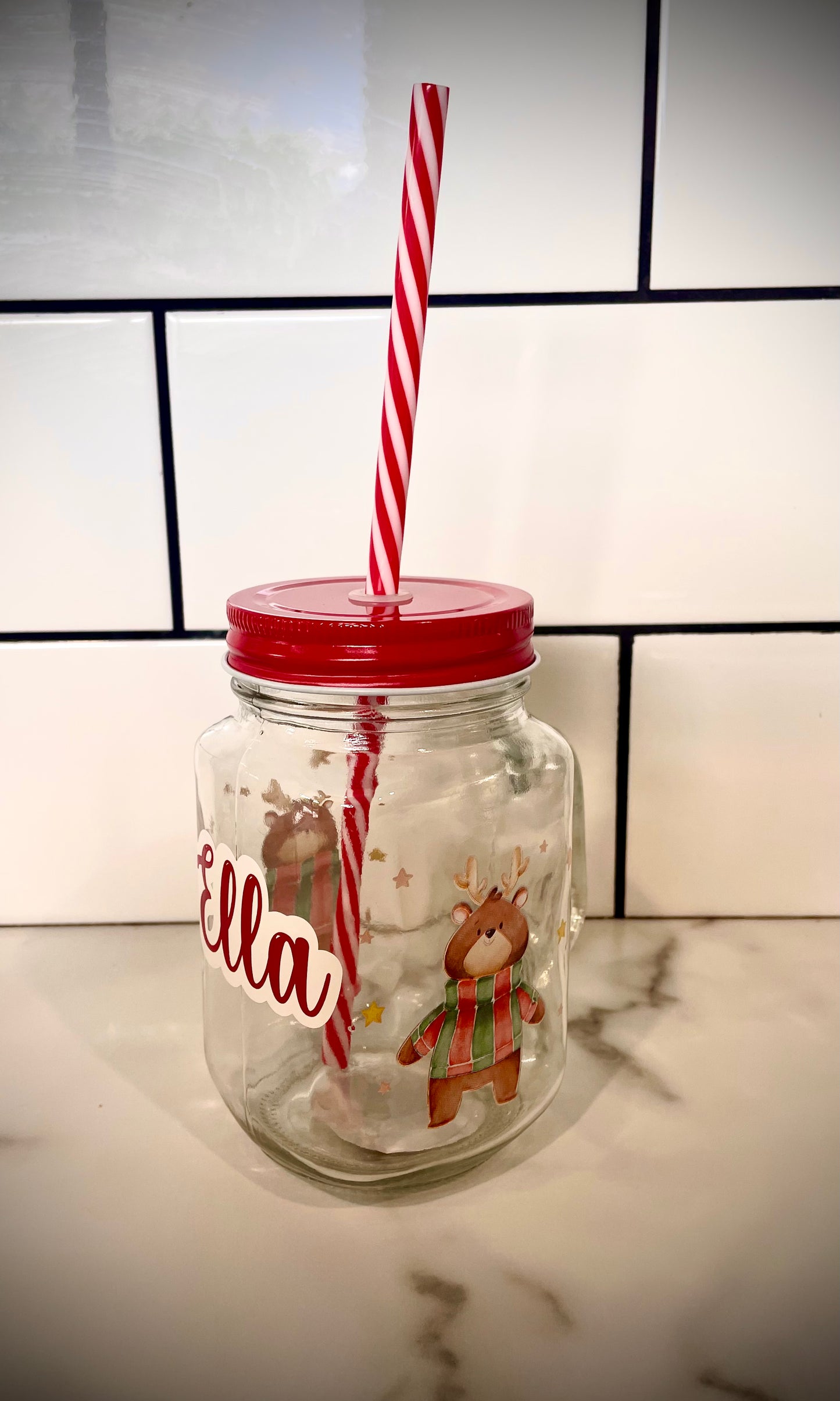 Glass Christmas Mason Jar with straw