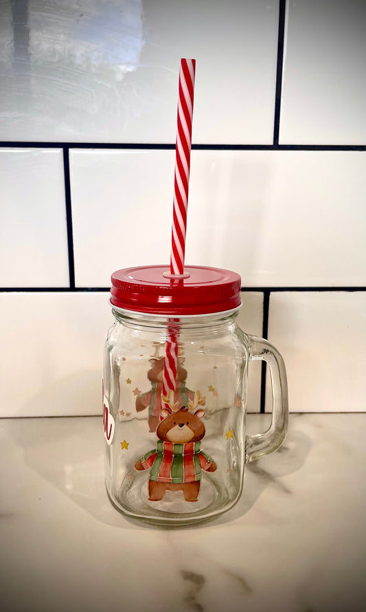 Glass Christmas Mason Jar with straw