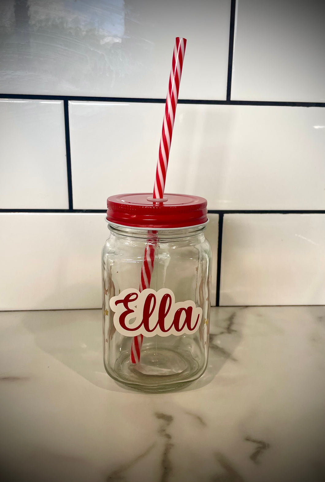 Glass Christmas Mason Jar with straw